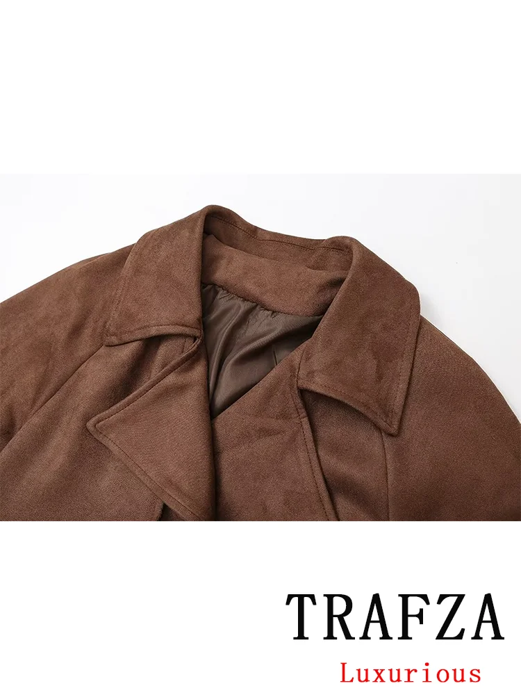 TRAFZA Vintage Casual Chic Women Jackets Sashes V Neck Double Breasted Long Sleeve Thick Coat Fashion 2024 Autumn Trench Coat