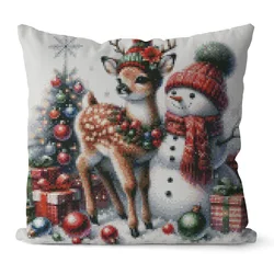 HUACAN DIY Cross Stitch Pillow Snowman Full Embroidery Animal Deer Winter 11ct Printed Canvas Christmas Unique Gift