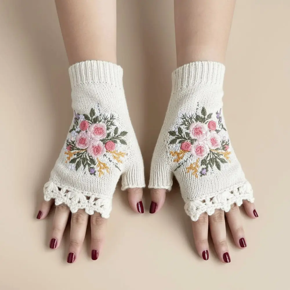 Vintage Embroidery Knitted Gloves Embroidered Floral Thick Fingerless Gloves Korean Style Warm Touchscreen Gloves Winter