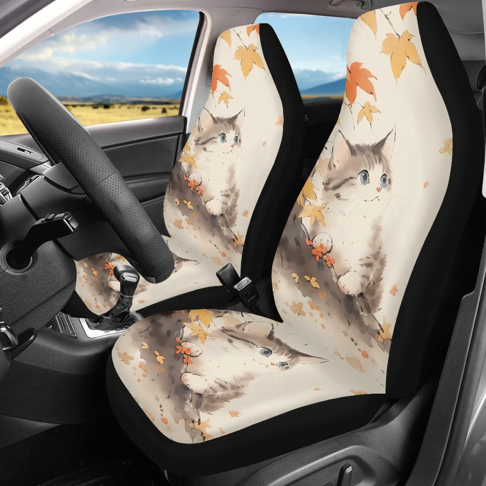 2pcs Maple Leaf Kitten Seat Covers, Universal Car Protector Suitable For Sedan, SUV, And Truck, Washable And Easy To Install | S
