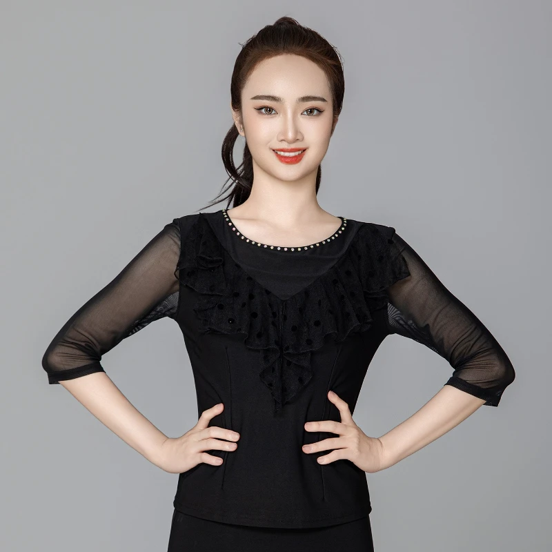 ชุดเต้นลาตินและบอลรูมที่ใส่สบายและหลากหลายสไตล์ ชุดเต้นวอลซ์แขนยาวปานกลาง เสื้อบอลรูมทันสมัยสำหรับสุภาพสตรี