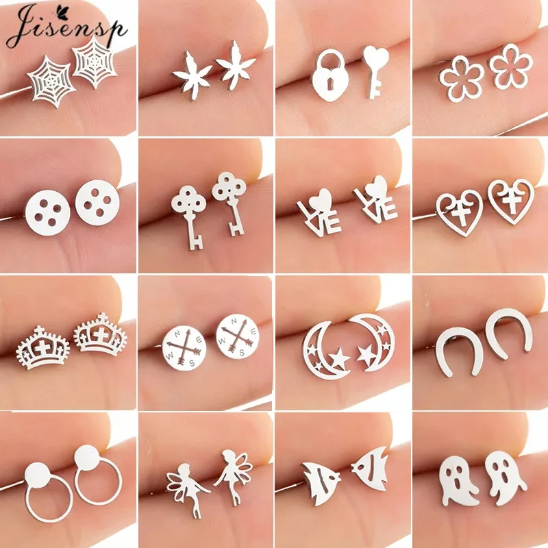 2024 Stainless Steel Earrings Women Silver Color Fashion Leaf Key Crown Fairy Earings Small Deathly Ear Studs Summer Pendientes