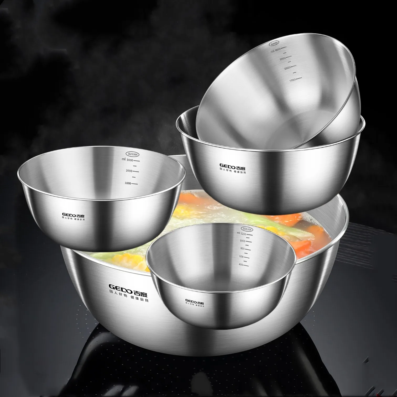 

Luxury 16cm~30cm 304 Stainless Steel Kitchen Container Accurate Scale Salad Basin Well Polished 950ml~6700ml Food Container