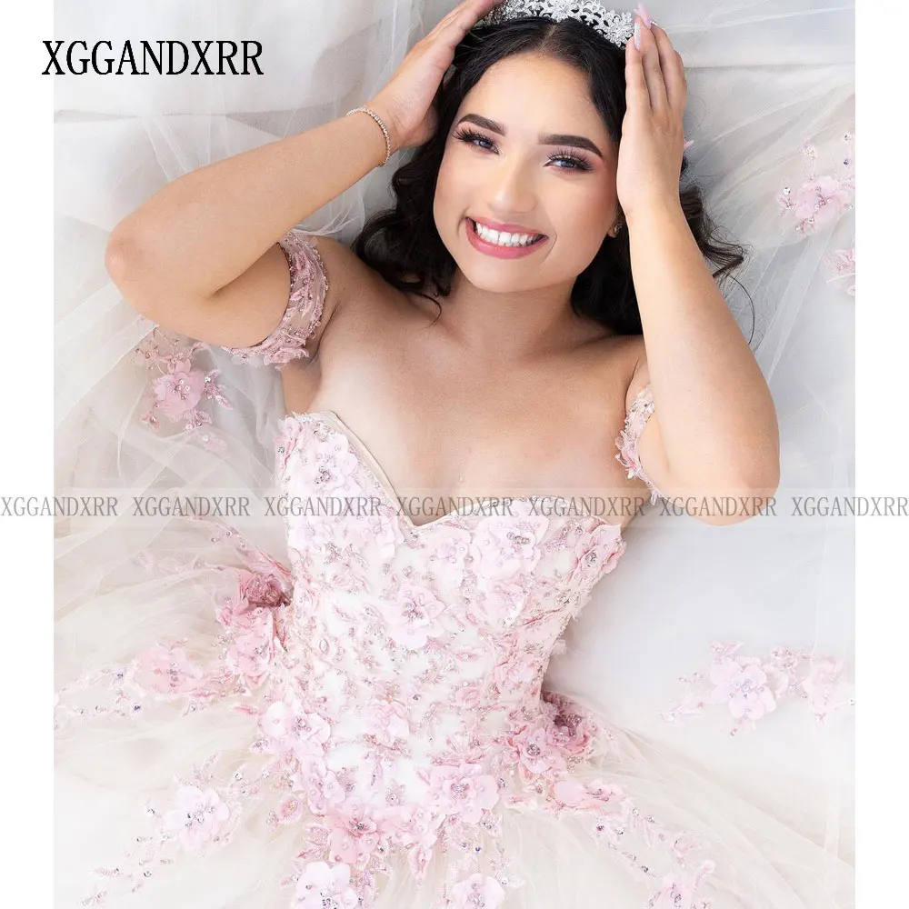 فستان جديد وردي Quinceanera 2024 سويت هارت بأكمام طويلة مزين بالدانتيل مع زهرة حلوة 15 16 سنة حفلة عيد ميلاد