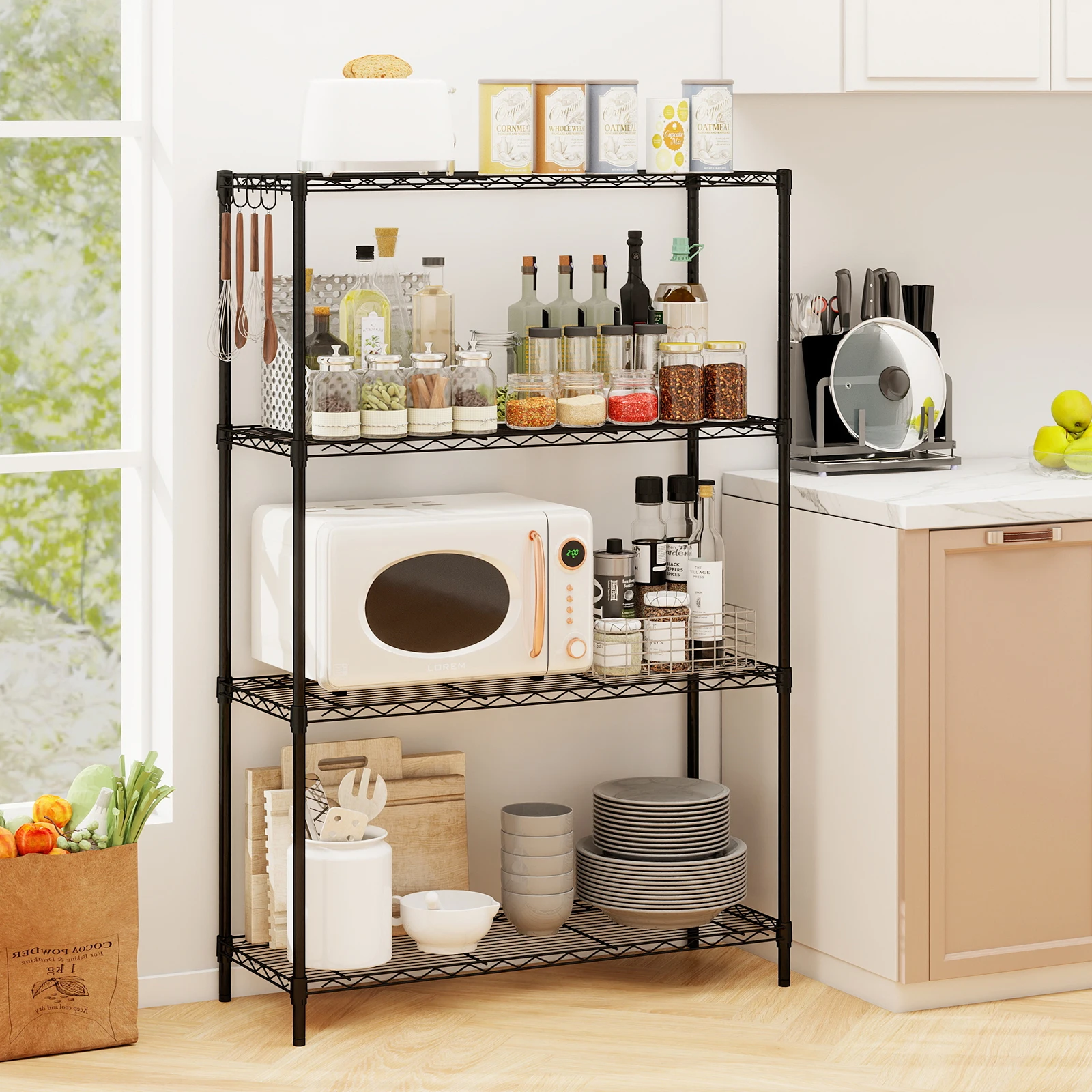 

4-ярусный металлический стеллаж с V-образными проволочными полками и грузоподъемностью 450 кг - черный