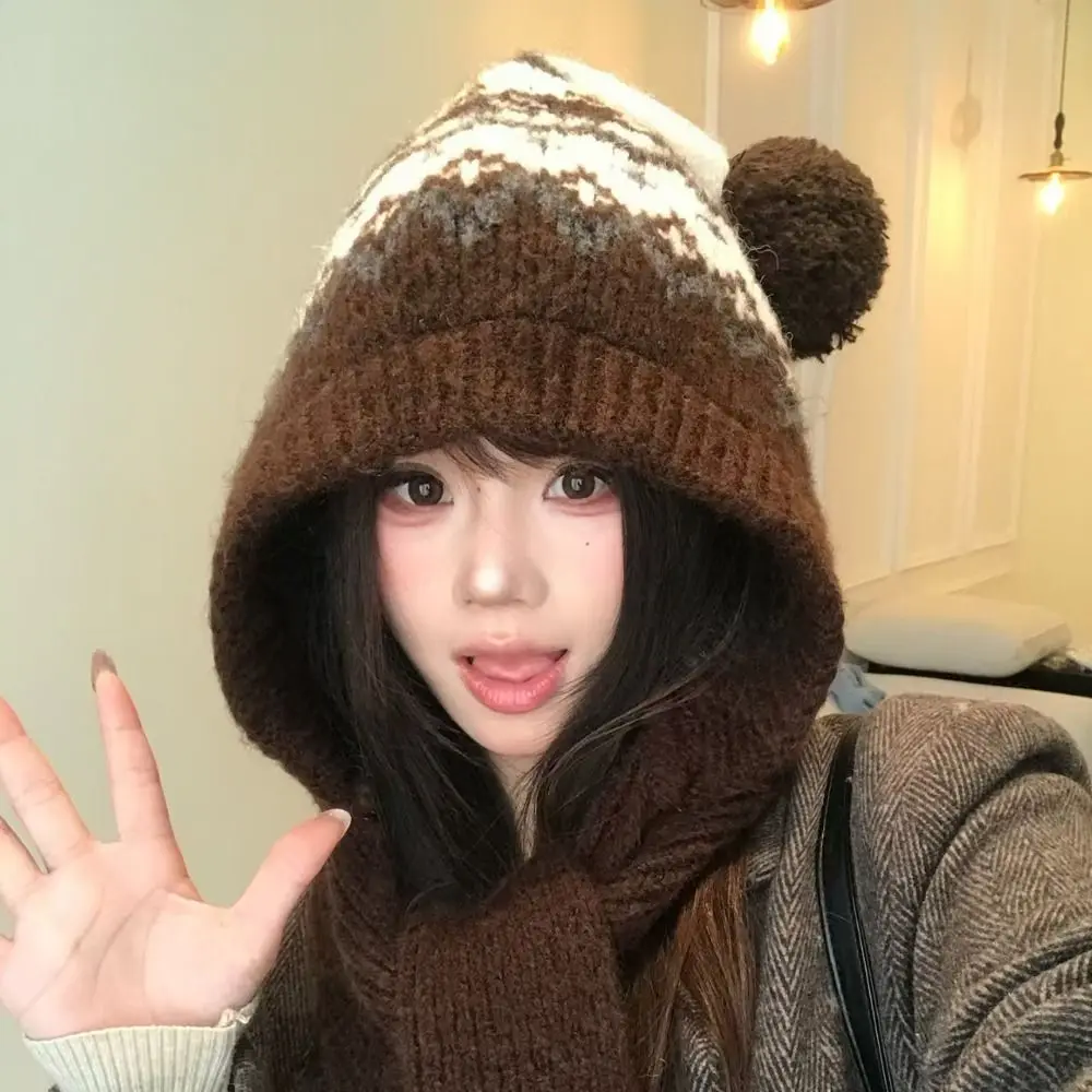 Acrylic Polyester Blend Fair Isle Knitted Hat Scarf Set Warm Lining Thick Material Hooded Neck Warmer 58cm head circumference