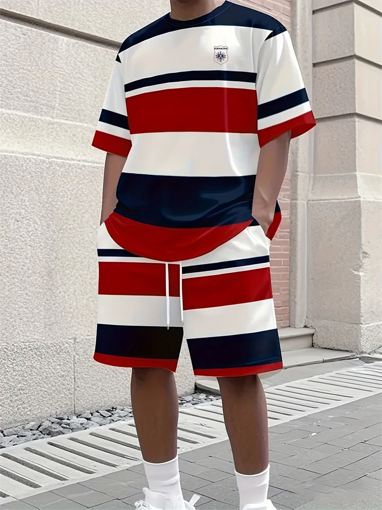 

2026 Summer Men's Fashion Simple Striped Printed Round Neck T-shirt And Shorts Street Outdoor Sports Two-piece Set Streetwear