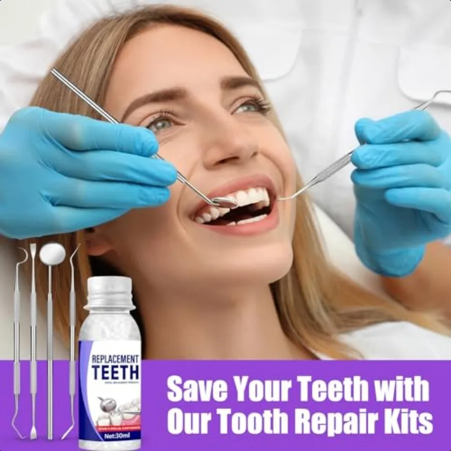 Kit de reparación de dientes, Kit de reparación de relleno de dientes moldeable con 4 herramientas dentales que fijan los reemplazos de dientes faltantes y rotos, Make Yo