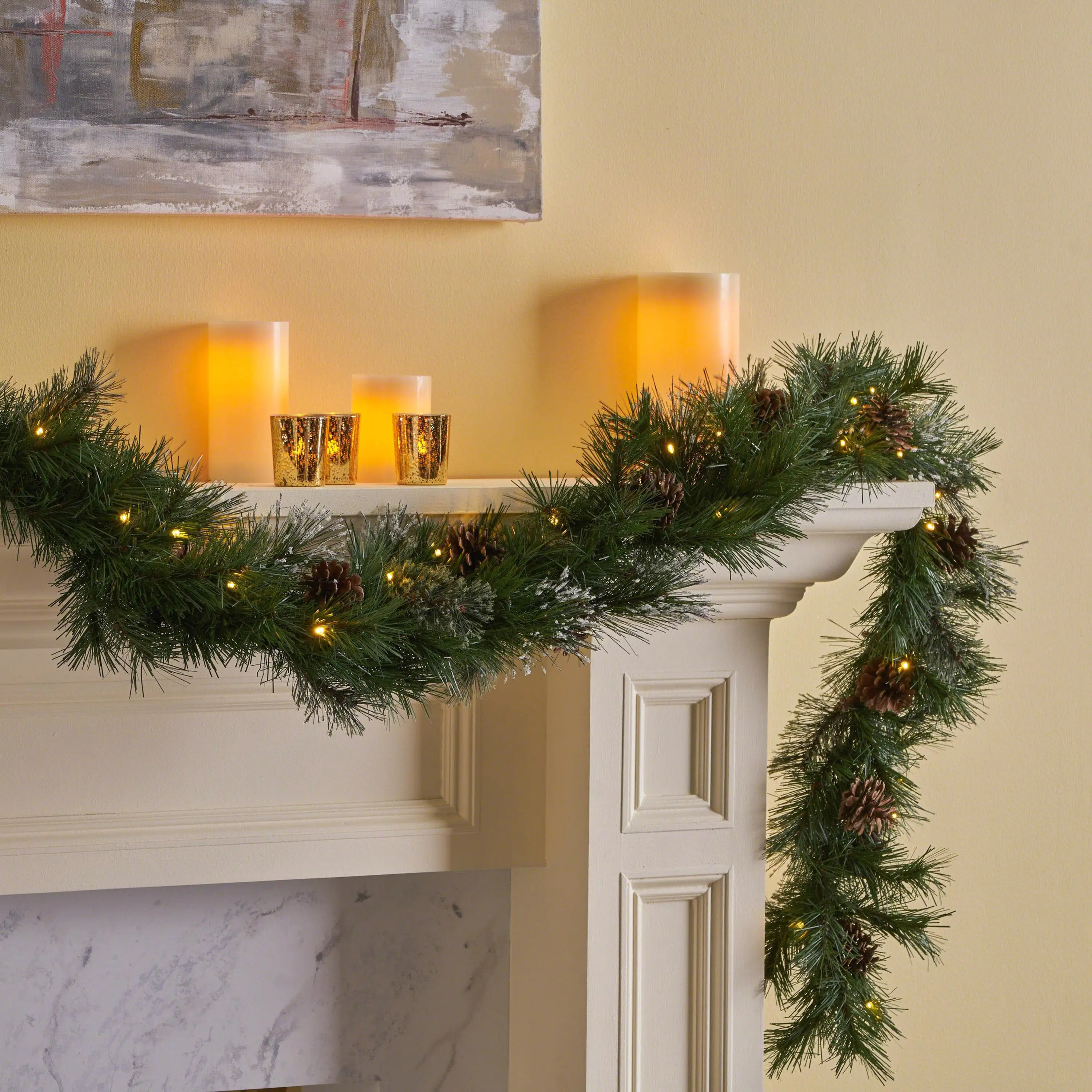 

2-Pack 9'X10'' Cashmere Bristle Garland with 20 Pine Cones & 50 Lights - Timer & Battery Operated for Outdoor Decor