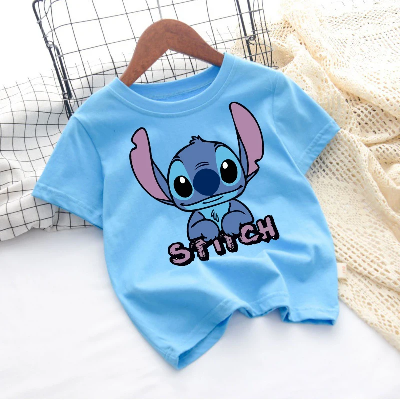

Girl Clothes Stitch Disney Children's Clothing Boys T Shirt Short Sleeve for Children Blue Pink Baby Summer Clothes Cute Gifts