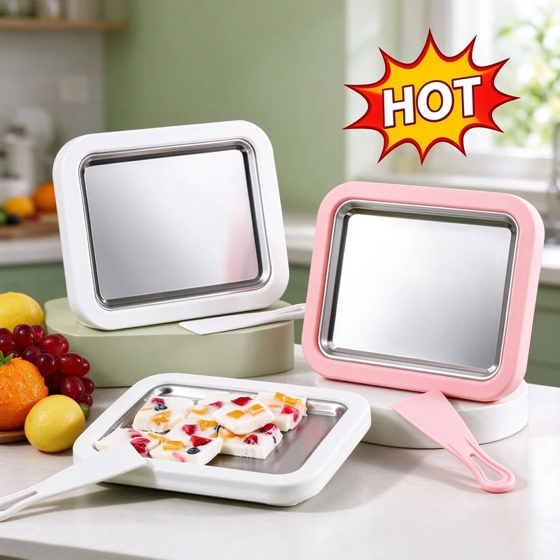 Instant Chilled DIY Rolled Ice Cream Maker Plate with 2 Scrapers Frozen Yogurt Sorbet Pan for Family Homemade Dessert Making