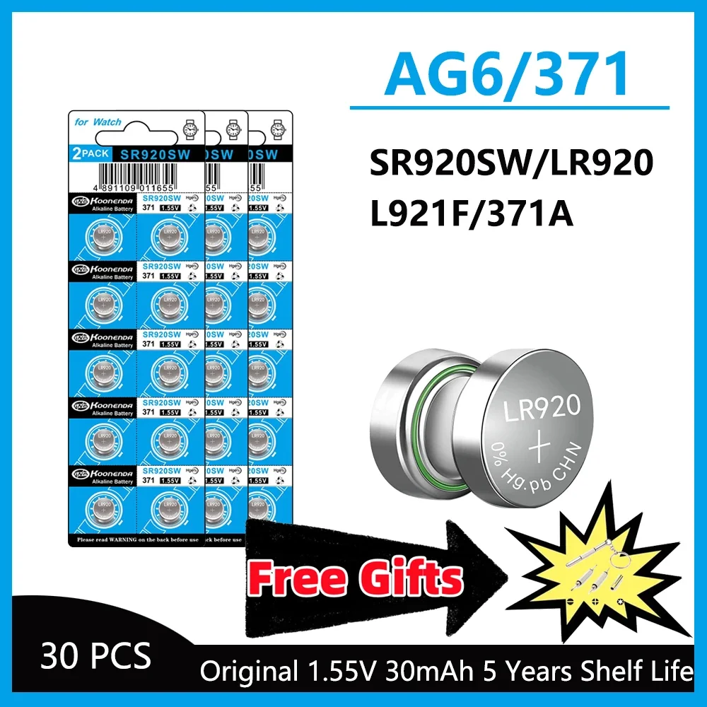 5-50 STKS 1.55 V AG6 30 mAh 371 Knop Batterijen SR920SW LR920 SR927 171 370 L921 LR69 SR920 Voor Horloge Speelgoed Afstandsbediening Munt Beslag