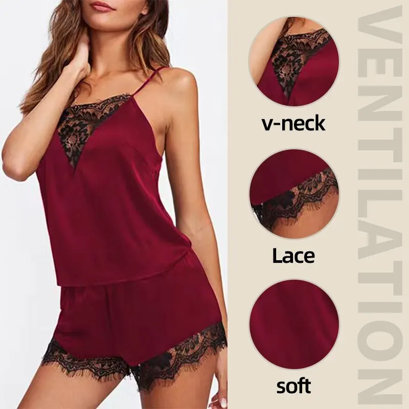 Women Ice Silk Pajamas Sleepwear Pajama Set Nightgowns Nightdress Camisole Shorts Black Red L XL Lace Casual Sexy Smooth