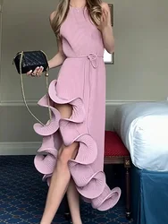 Summer Women Ruffles Patchwork Maxi Dress, O Neck Simple Chic Casual Party Dress, 2025 Sleeveless Lace-Up Ladies Dress Vestido