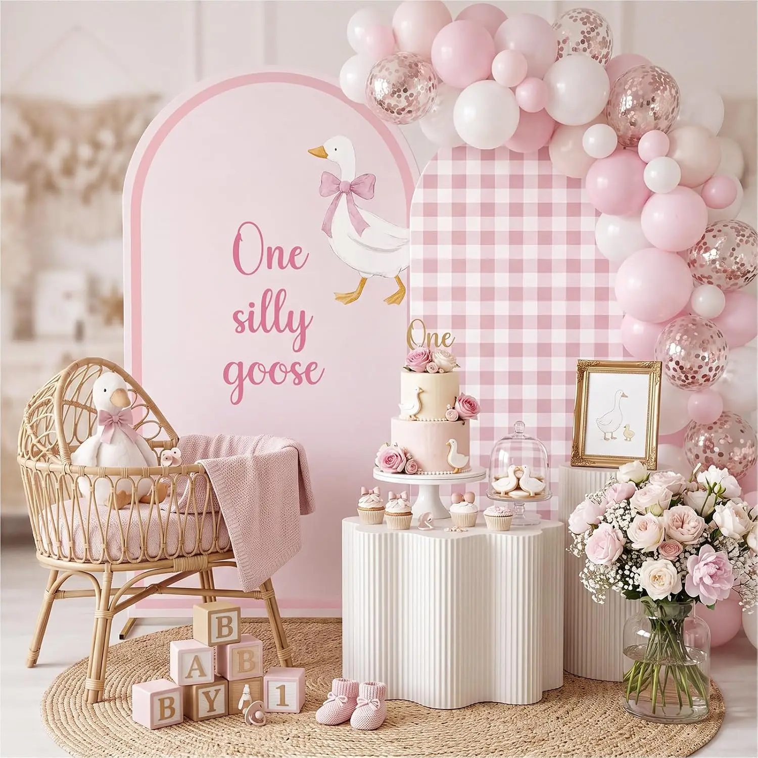 Custom 2-sided One Silly Goose Arch Backdrop Cover Pink Gingham  Newborn 1st Birthday Party Cake Table Photo Background Supplies