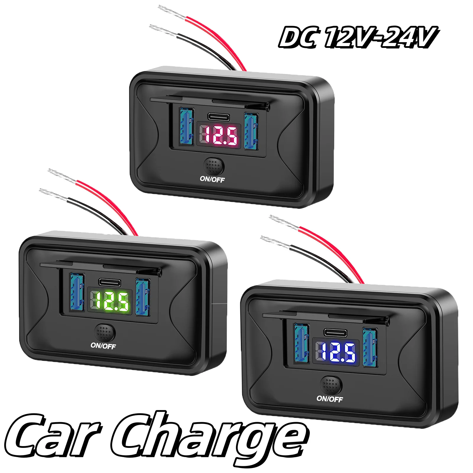 

Car Charger Modified Car Charger Mobile Phone Tablet QC+QC+PD Digital Display Voltage Meter Button DC12V-24V ABS 72*44*16mm