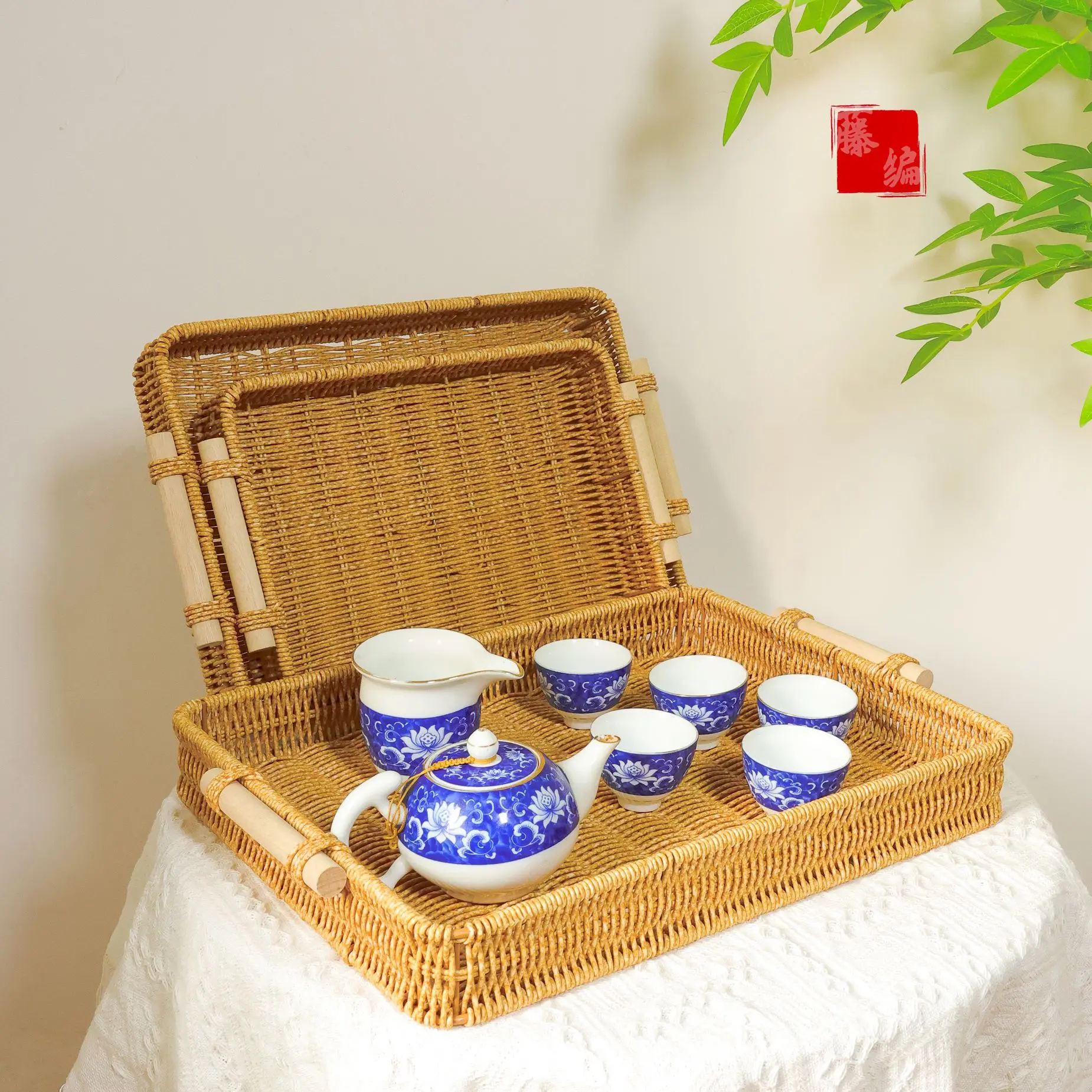 Vine like woven tray Dim sum bread basket with wooden handle fruit snacks candy tea set storage basket living room tea table fru