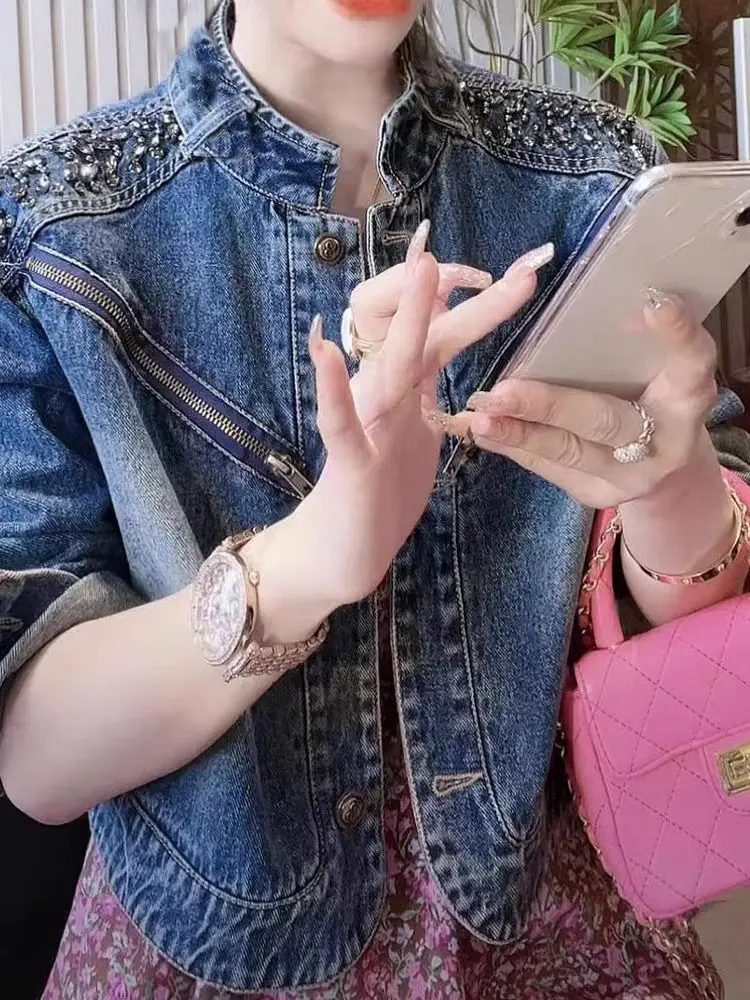 Denim Cropped Jackets Women Diamond Long Sleeve Tops Trend Zipper Jean Jacket Bomber Coat Y2k Streetwear Casual Loose Coats