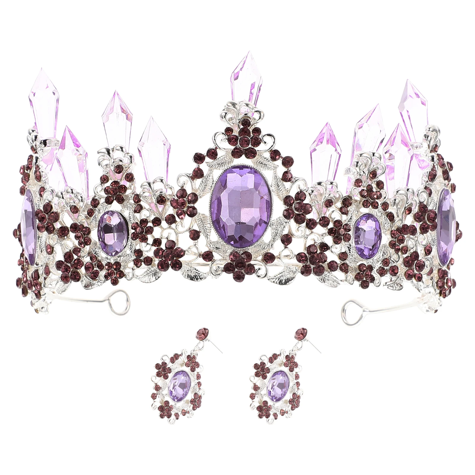 

Crystal Tiara Earrings Bridal Jewelries Purple Crown Hair Accessories Women Wedding Banquet Decorative Crown Tiaras For Bride