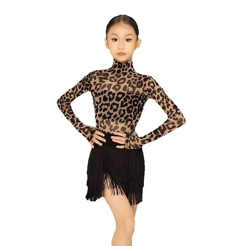 Children'S Chacha Latin Dance Competition Costumes Girls Leopard Latin Top Fringed Skirt Kids Samba Rumba Latin Dance Wear 10412