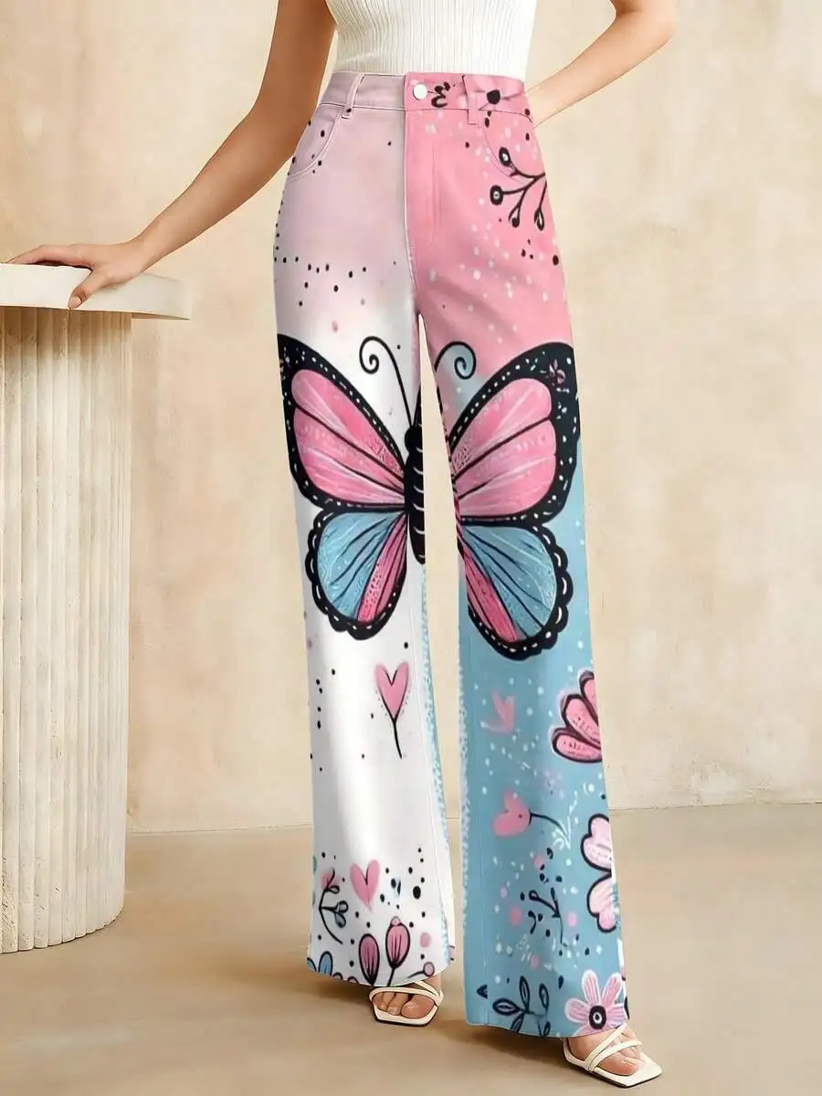 2026 Summer New Styles Plus Size Floral Pattern Women's Elegant High-Waist Denim Pants Casual Straight-Leg Printed Jeans