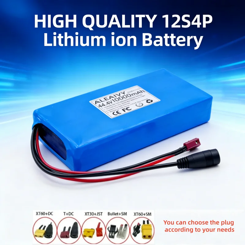 High Power 44.4V 10000mAh 12S4P Lithium Battery Pack with BMS, Rechargeable for Adult Bicycle Skateboard Longboard