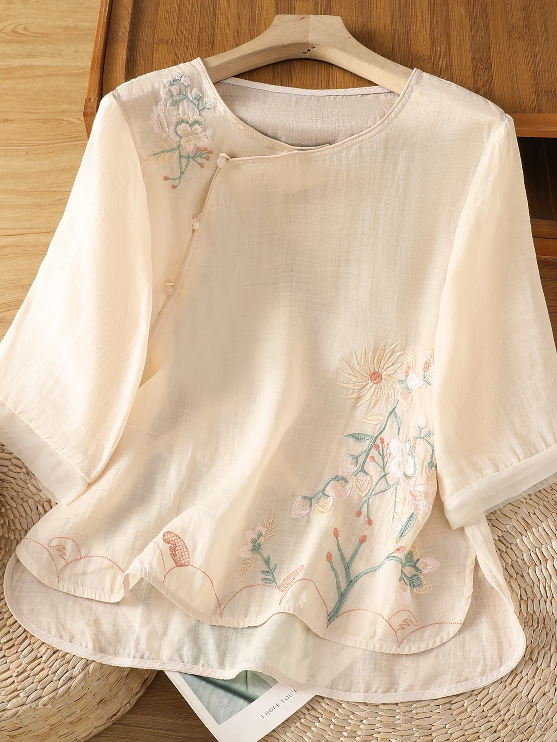 Artistic Embroidered Oversized round Ne Five-Quarter Sve Loose Slimming Top Summer Casual Cotton Blend Women's irt