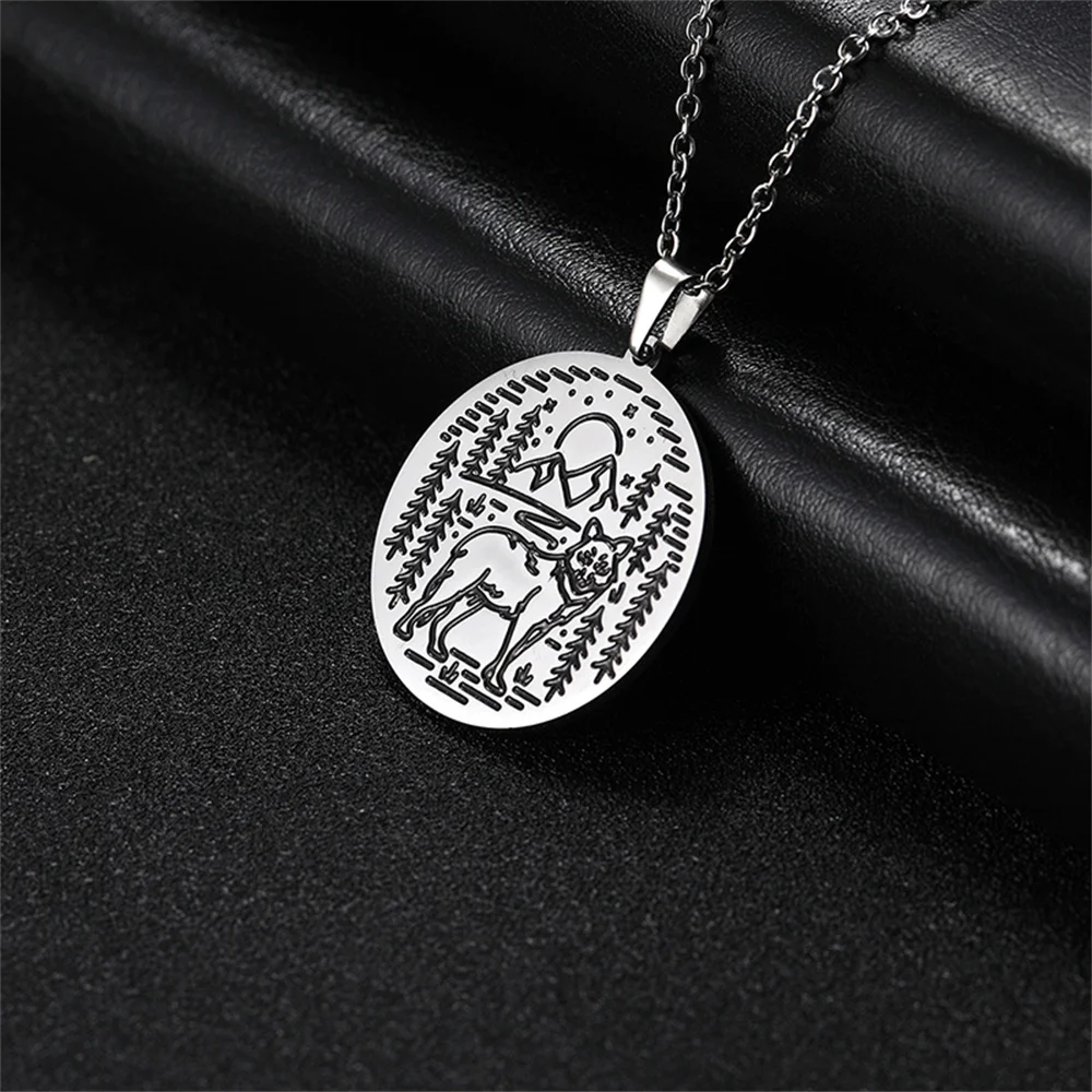 EUEAVAN Vintage Wildlife Wolf Pendant Necklace Landscape Mountain Stainless Steel Aesthetic Animal Necklaces Birthday Jewelry