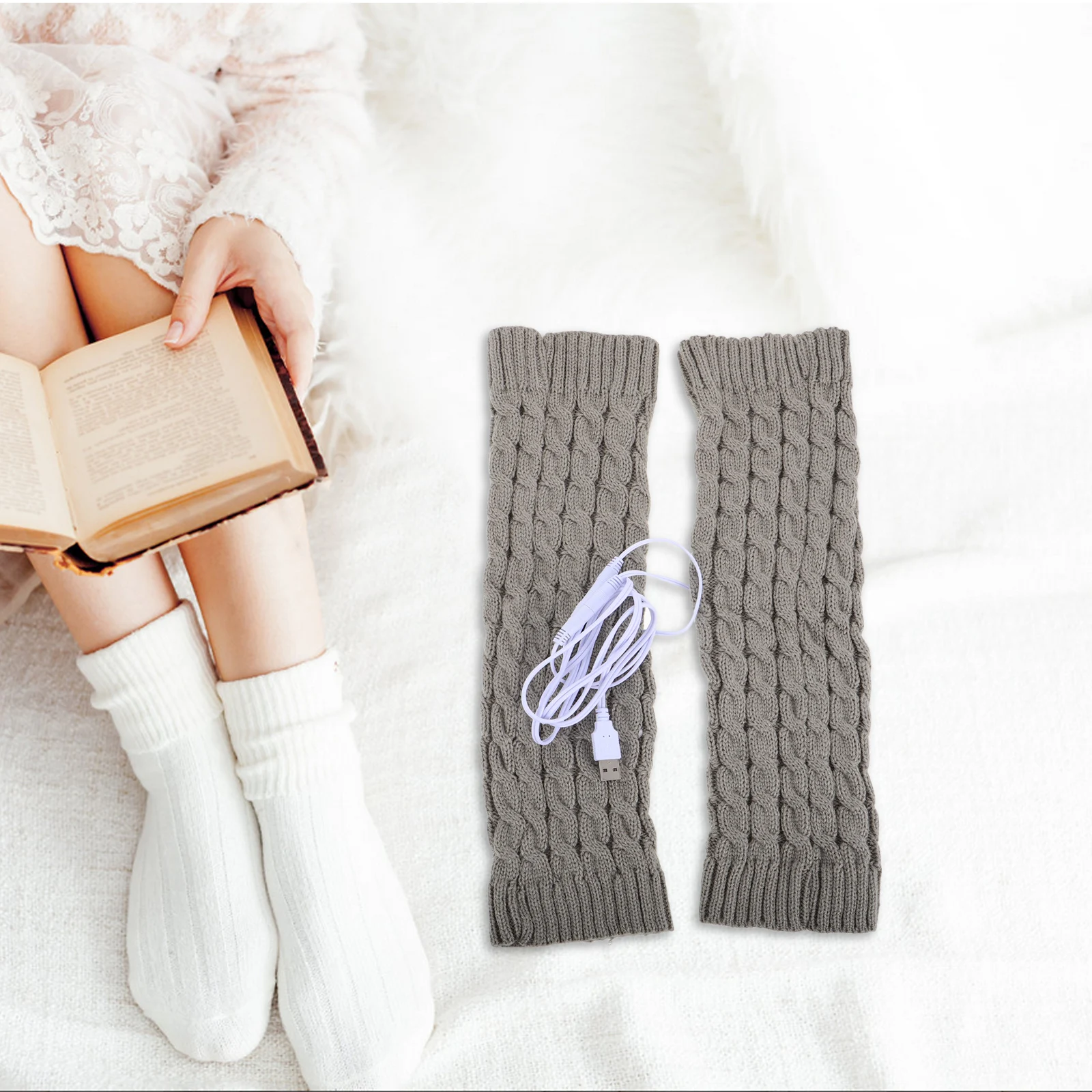

Electric Heating Socks Knee Compression Sleeve Women Leg Warmers Winter Beige Chunky Cable Knit Thermal Knee Warmer USB Heated