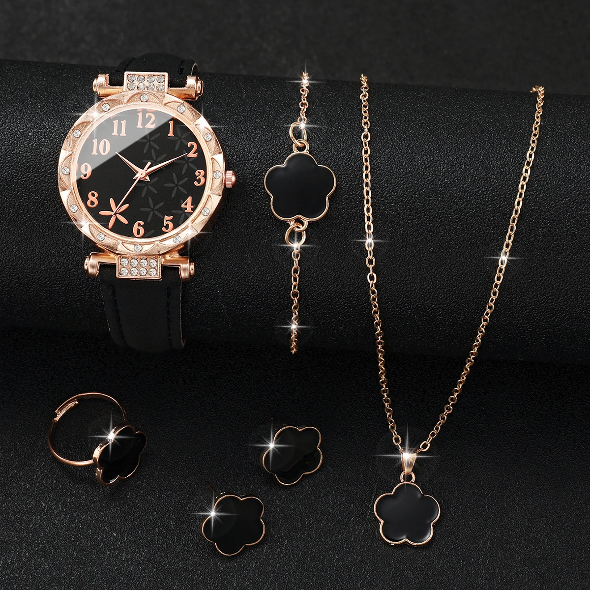 6PCS/Set Fashion Flower Dial Women Quartz Watch Leather Band Wristwatch Jewelry Set(Without Box)