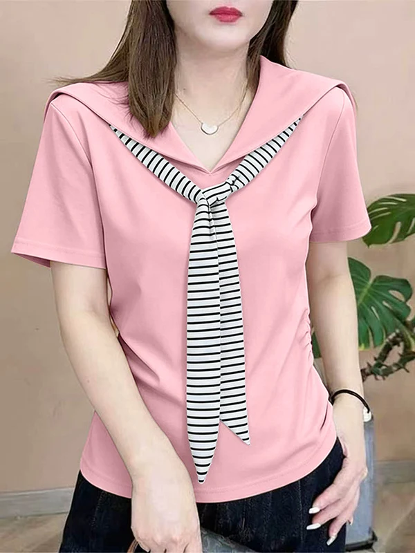 Summer Wear 95 Cotton Nautical Collar Short Sleeve T-Shirt Women Loose Fashionable Striped Shoulder Wrap Versatile plus Size ...