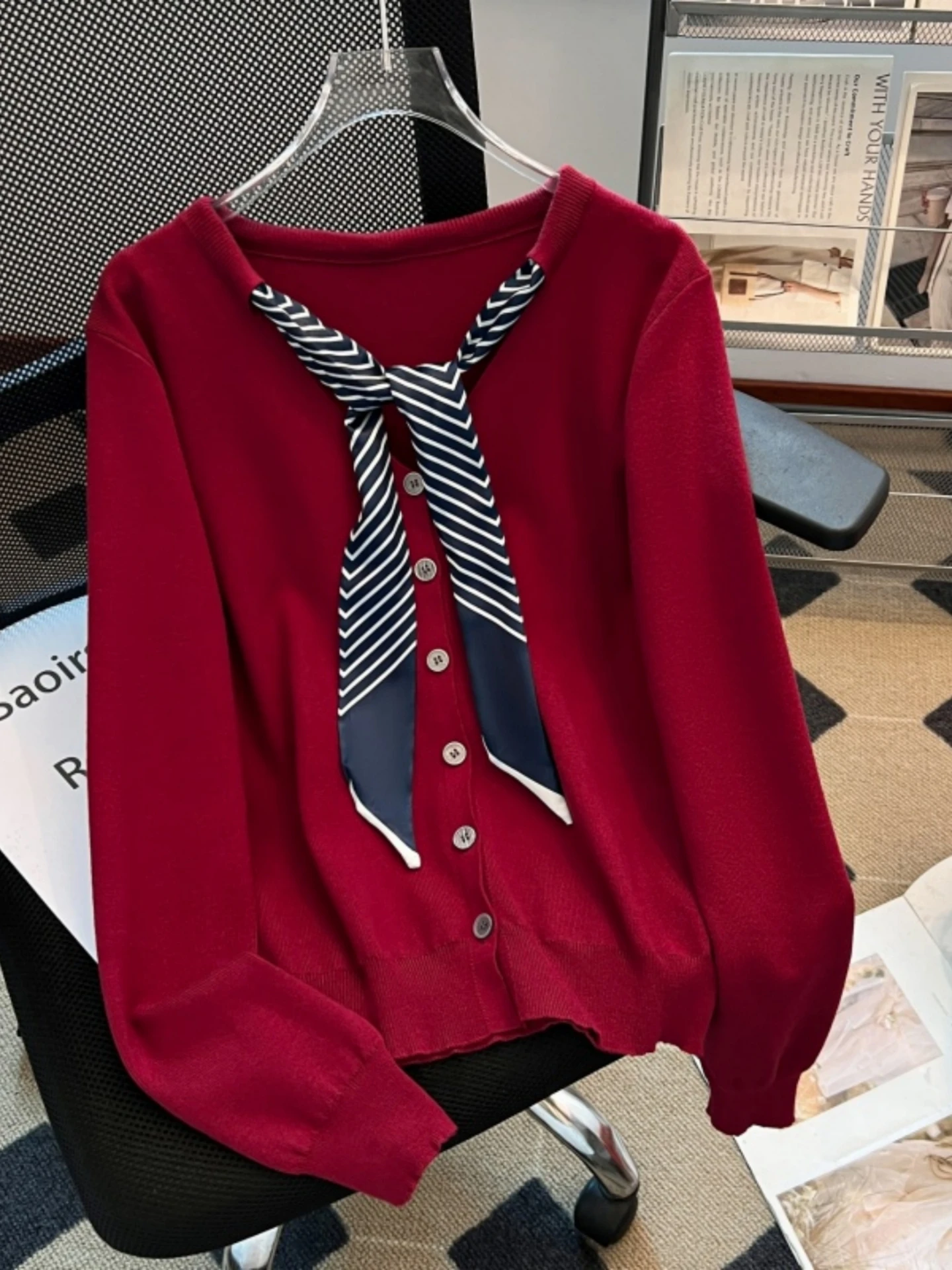 Red V-Neck Knitted Sweater with Silk Scarf Belted Oversize Women's Spring Autumn Cardigan Soft Comfortable Mid-Thick Long Sleeve