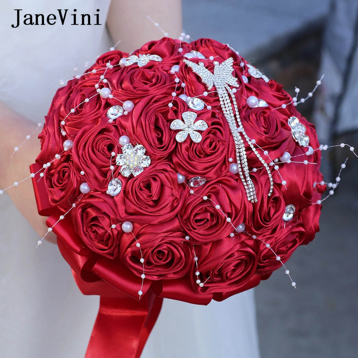 

JaneVini 2025 Elegant Butterfly Tassel Wedding Bouquet Bride Holding Flowers Satin Pearls Silver Crystal Bridal Bouquets Mariage