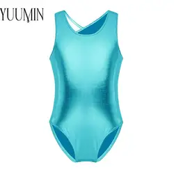 Çocuklar kızlar Glitter metalik dans parlak bale dans kostümleri kolsuz jimnastik Leotard ile şort takımı buz pateni tulum