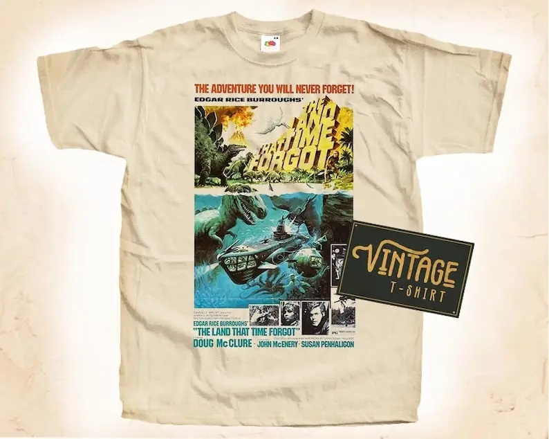 

The Land that Time Forgot T shirt Tee Natural Vintage Cotton Movie Poster Beige All Sizes