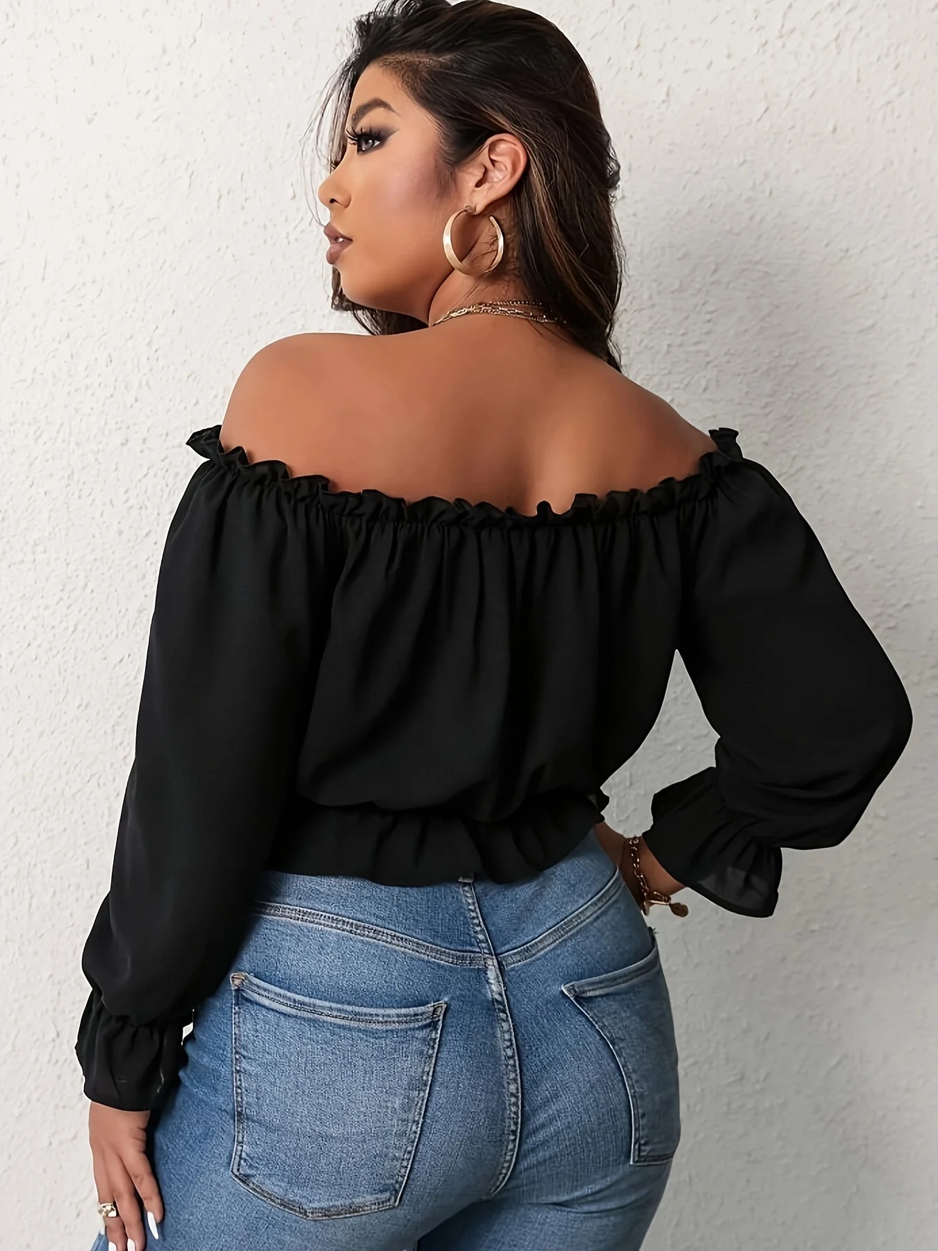 Plus Size Elegant Shoulderless Shirt for Women European and American Style Casual Curve Clothing Vacation Solid Long Sleeve Tops