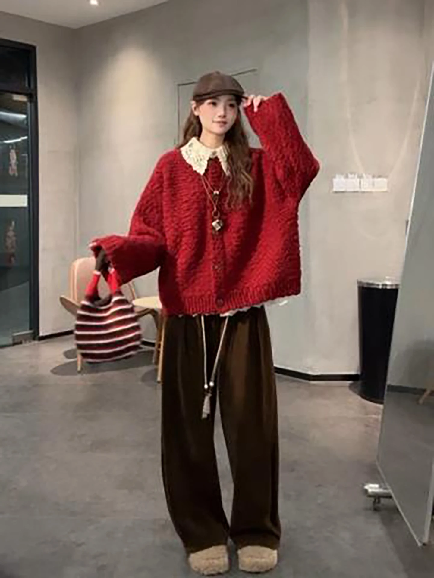 

Thiened Red Knitted Sweater Coat Women's Spring Lazy Sle Design Versatile Warmth New Year's Outfit Retro Sle Long Sve