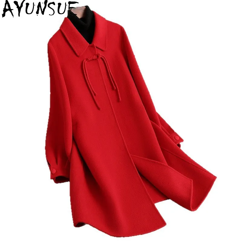 

AYUNSUE Double-sided 100% Real Wool Coat Women Mid-length Woolen Coat 2025 Autumn Winter Clothes Elegant Coats Jaqueta Feminina