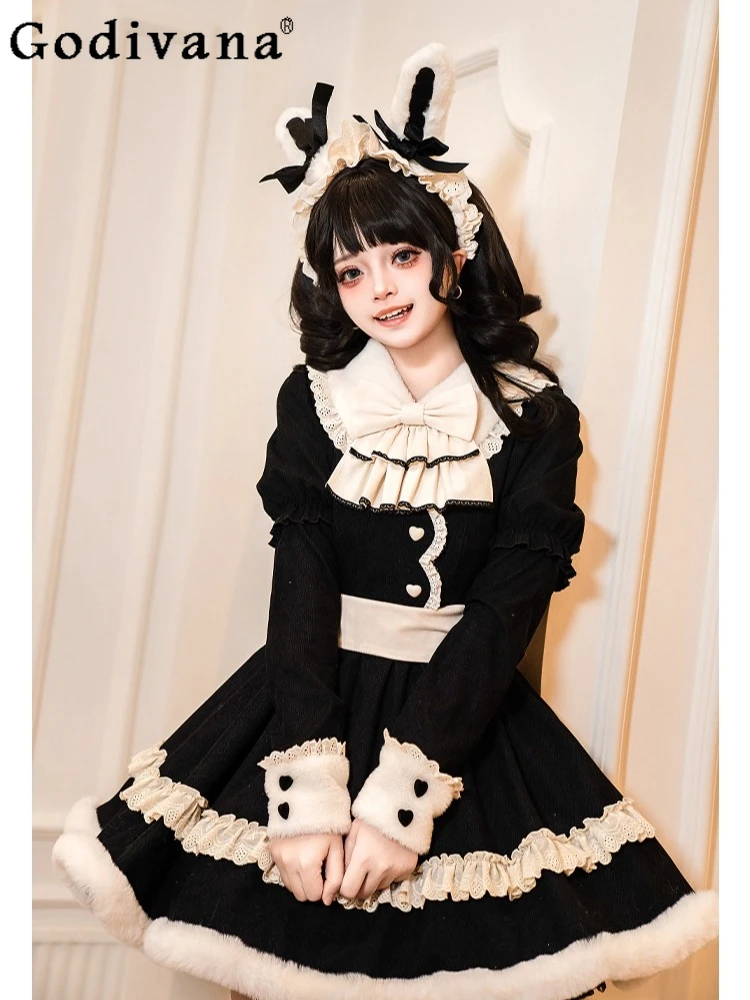 

Sweet Lolita Cute Peter Pan Collar Long Sleeve Cake Dresses Autumn Winter Girl High Waist Versatile Age-reducing Princess Dress