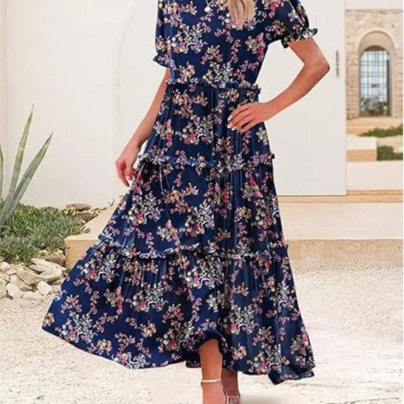 Vestidos formales para Mujer, cuello redondo, manga corta, bohemio, pequeño vestido acampanado con estampado Floral, falda larga versátil de estilo turístico para Mujer