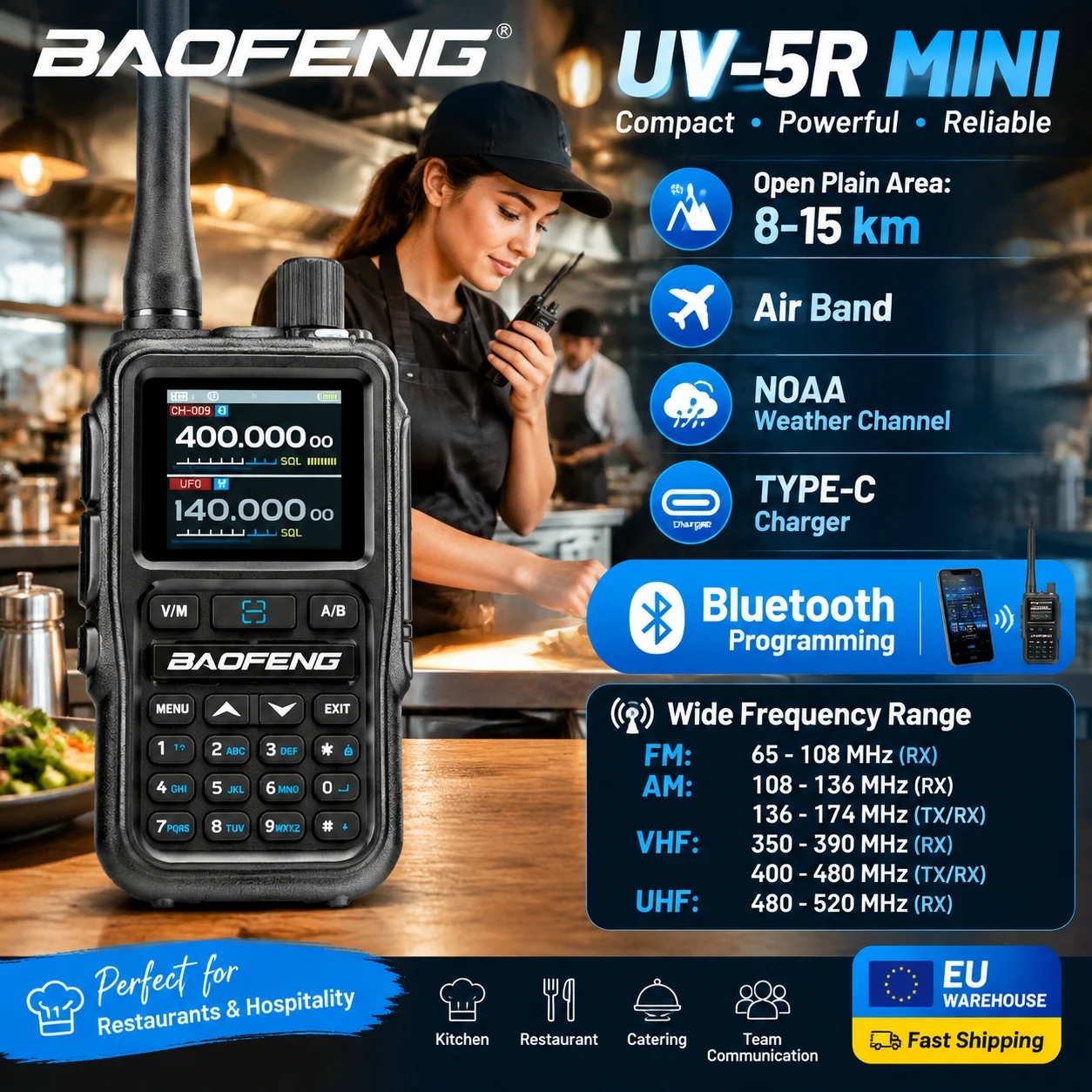 BAOFENG UV-5R MINI Walkie Talkie Bluetooth Programming 5W Dual Band VHF UHF Type-C Portable Two Way Radio For Restaurant Team