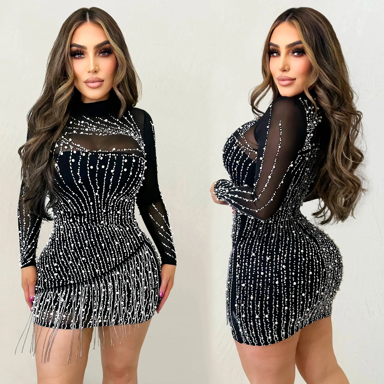 

Beautiful Crystal Embellished Fringed Mini Dress Glam Womens Pearls Rhinestone Slim Short Party Dress Birthday Outfits