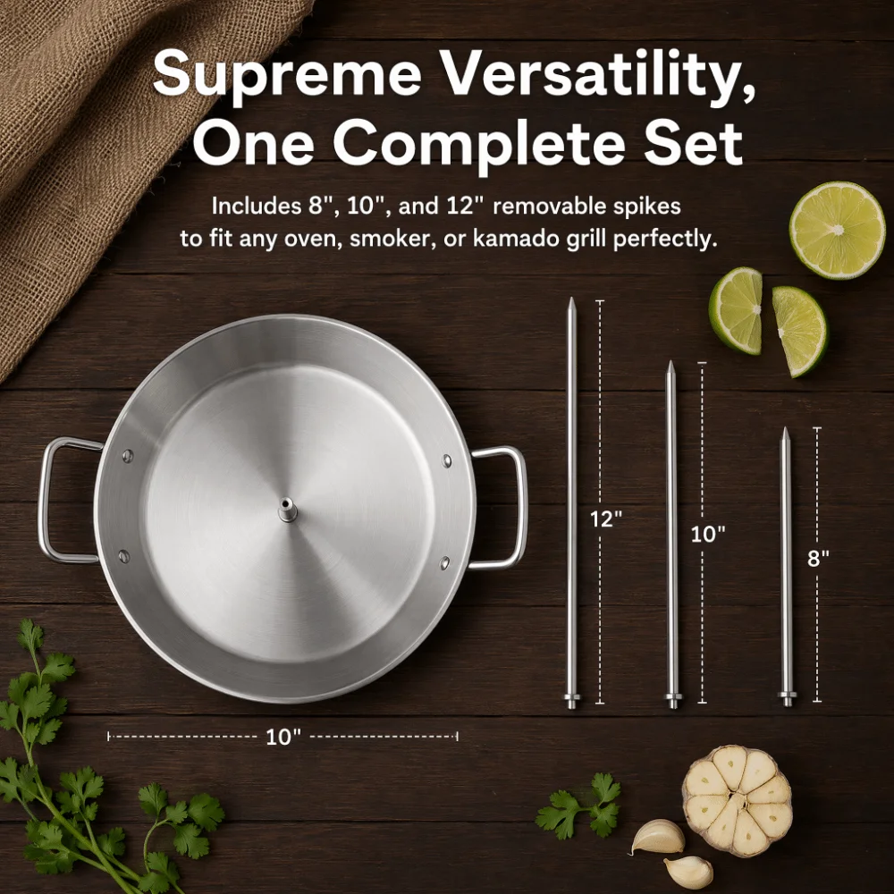 Stainless Steel Vertical Skewer Set Silver Round Pan Al Pastor Skewer Detachable Spikes Dual Handles Shawarma Spit Stand