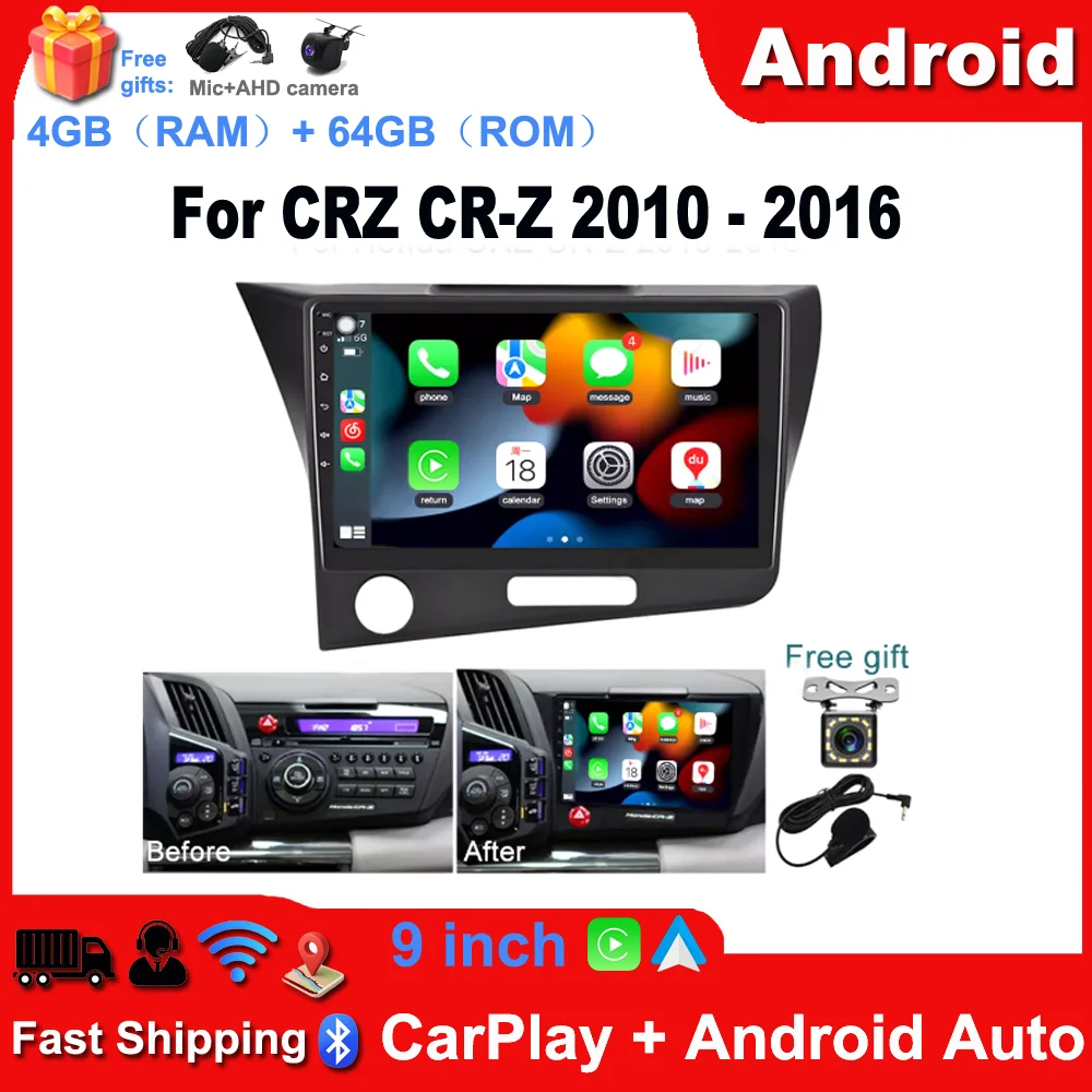 4+64G Android 14 Car Stereo for CRZ CR-Z 2010-2016 with Carplay Android Auto GPS Navigation 9in Touchscreen Car Radio Player with Bluetooth Wifi FM/RDS SWC + AHD Backup Camera Mic
