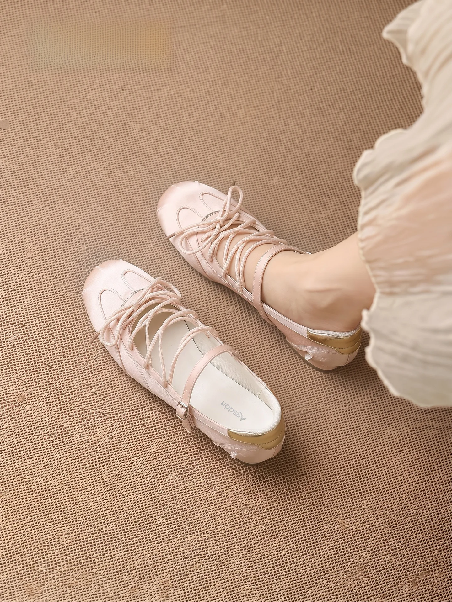 Agsdon Pink Sporty Mary Jane Sandals Women's 2026 New Summer Ballet Flat Shoes Heightening Effect Cotton Lined round Toe