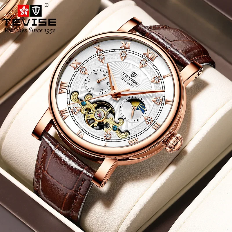 Man Carved Tourbillon Automatic Waterproof Mechanical Watch Men's Hollow Leather Moonphase Display Glow in The Dark Sports Watch