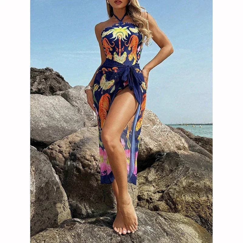 Nuevo traje de baño de una pieza para mujer, conjunto de traje de baño de dos piezas con falda larga y protector solar Retro ajustado y adelgazante