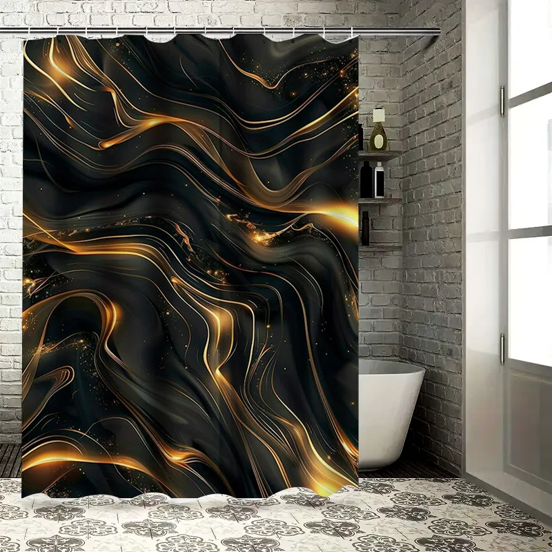 

Luxurious Shimmering Black Gold Shower Curtain Modern Wave Design for Bathroom Decor