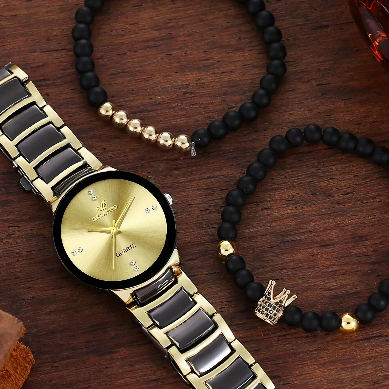1pc Simple Rhinestone Decor Quartz Watch & 2pcs Bracelet For Holiday Party Gift, Men's Accessories