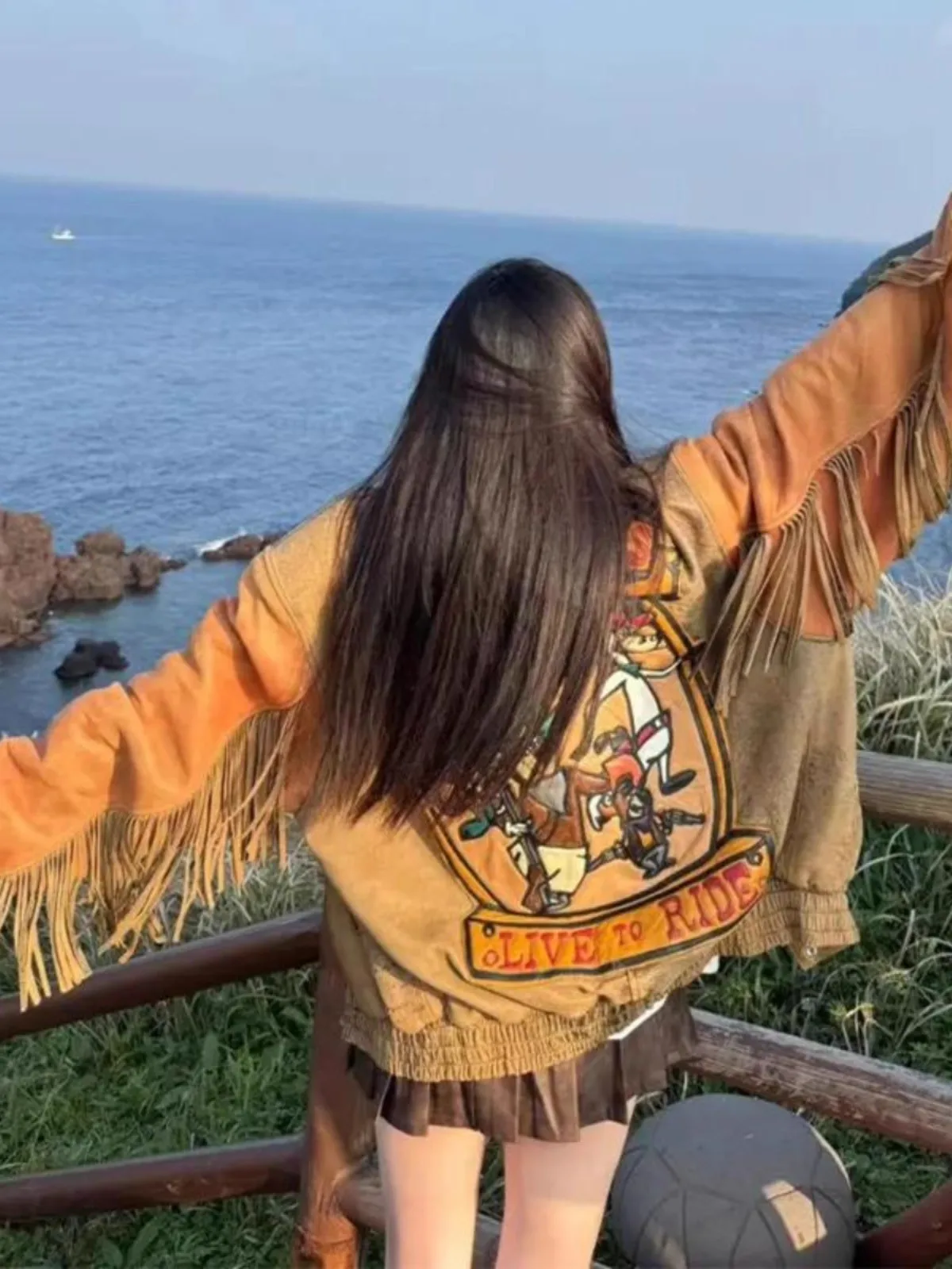 

Retro American High Street Pilot Jaet Women's Fringed Baseball Coat Autumn Winter New Sle Polyester Fiber Youth ex